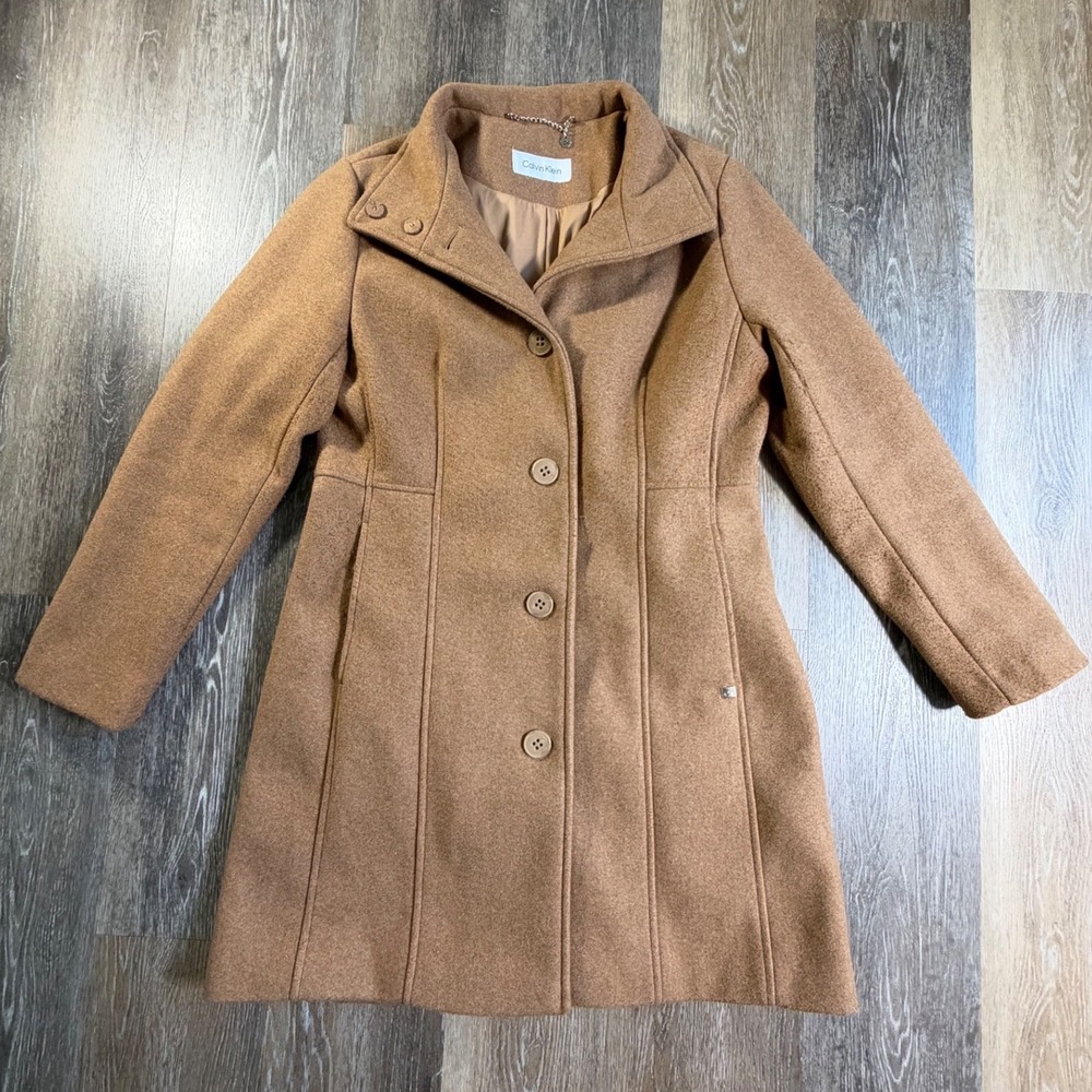 Calvin Klein Wool Blend Coat Womens M Camel Brown Funnel Neck Mid Length Coat